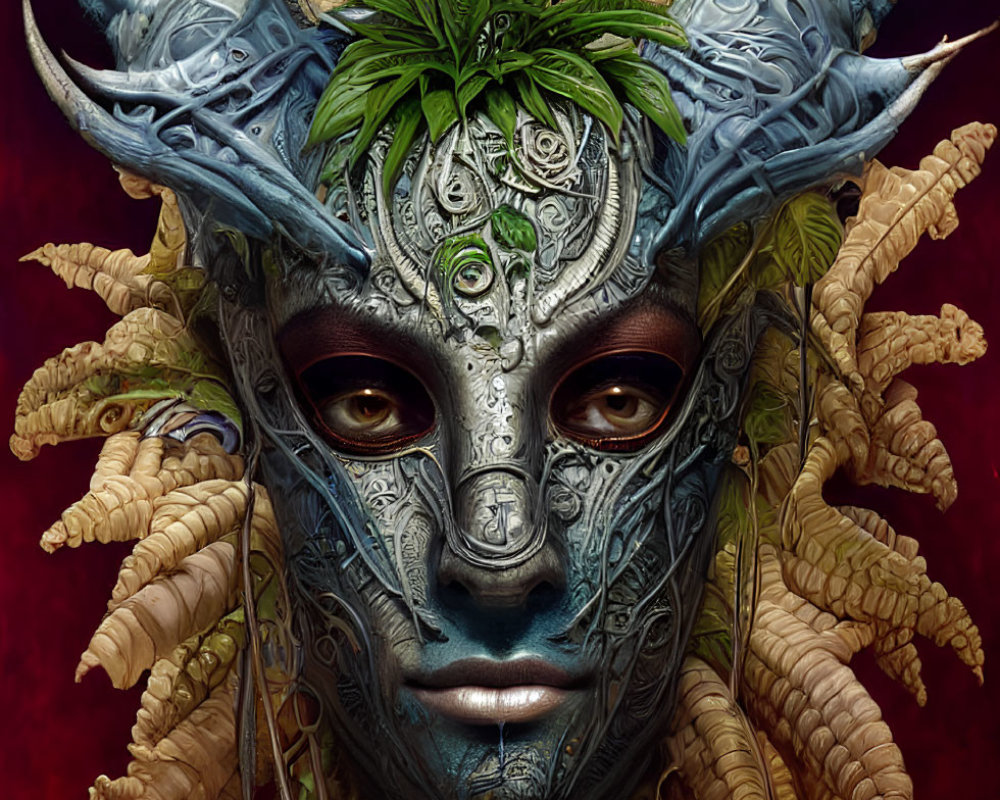 Fantasy portrait of creature with ornate headgear, metallic skin, and plant motifs