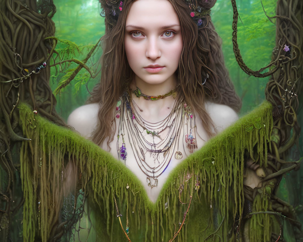 Young woman in floral crown surrounded by moss-covered trees in mystical forest