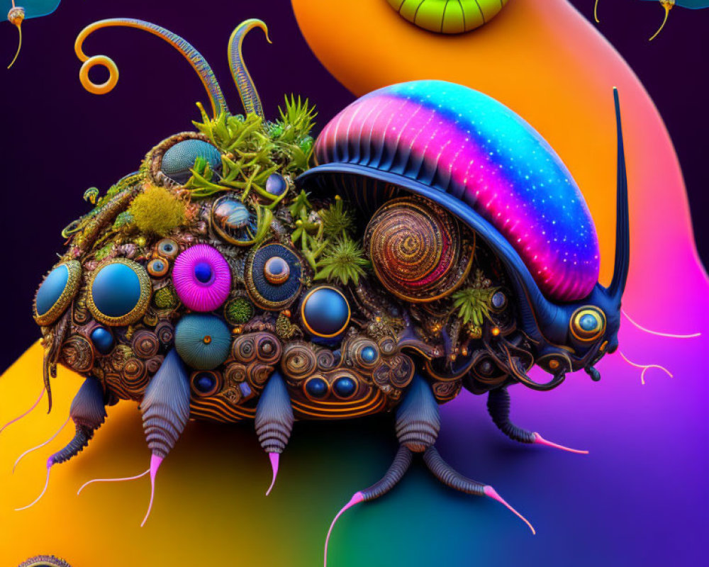 Colorful surreal creature with shell-like structures on abstract background