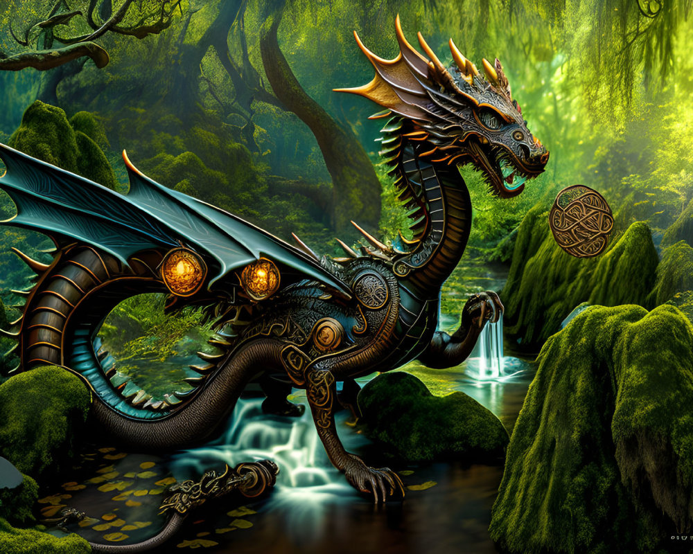 Intricate gear-designed mechanical dragon in mystical forest