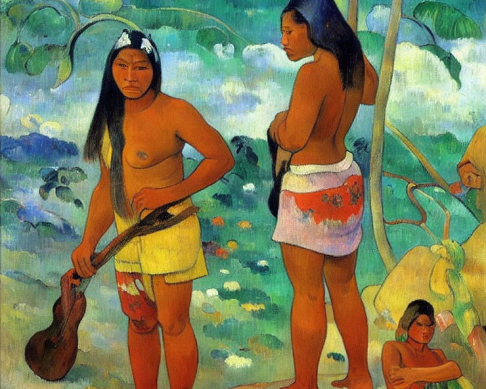 Vibrant Polynesian women painting in lush tropical setting