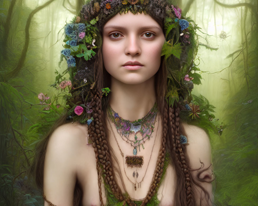 Portrait of a young woman with braided hair and floral crown in a forest setting