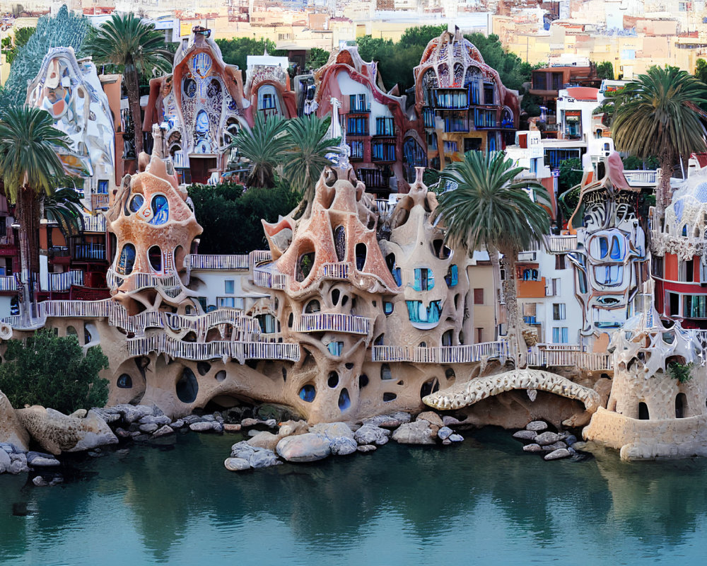 Colorful mosaic details on whimsical, organic-shaped building near tranquil water.