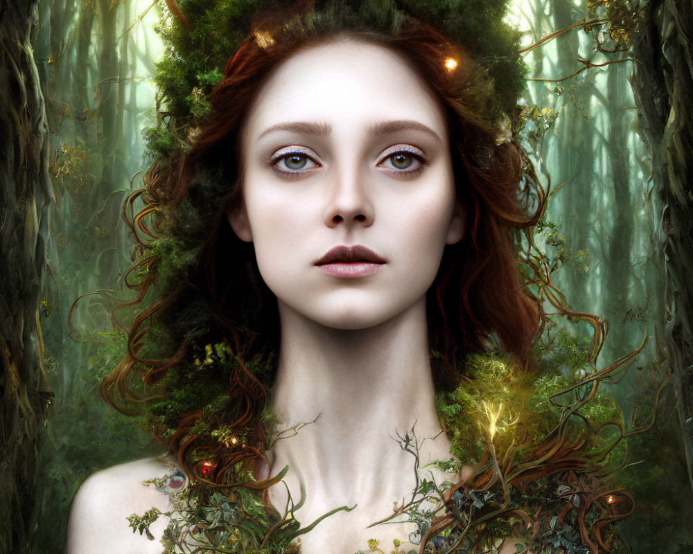 Portrait of woman with woodland crown in mystical forest setting