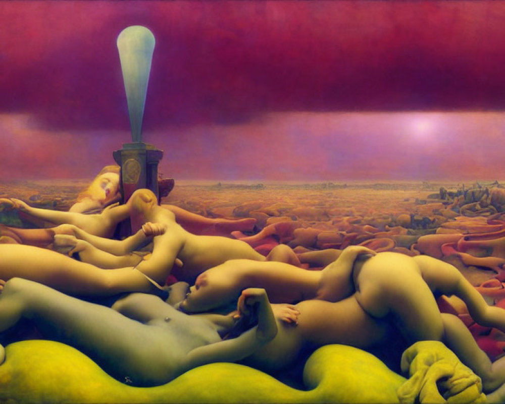 Surrealistic landscape with nude figures blending into terrain and switch/lightbulb structure