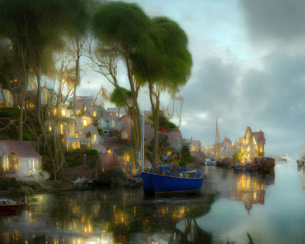 Twilight waterfront scene with illuminated houses, boats, and shimmering reflections