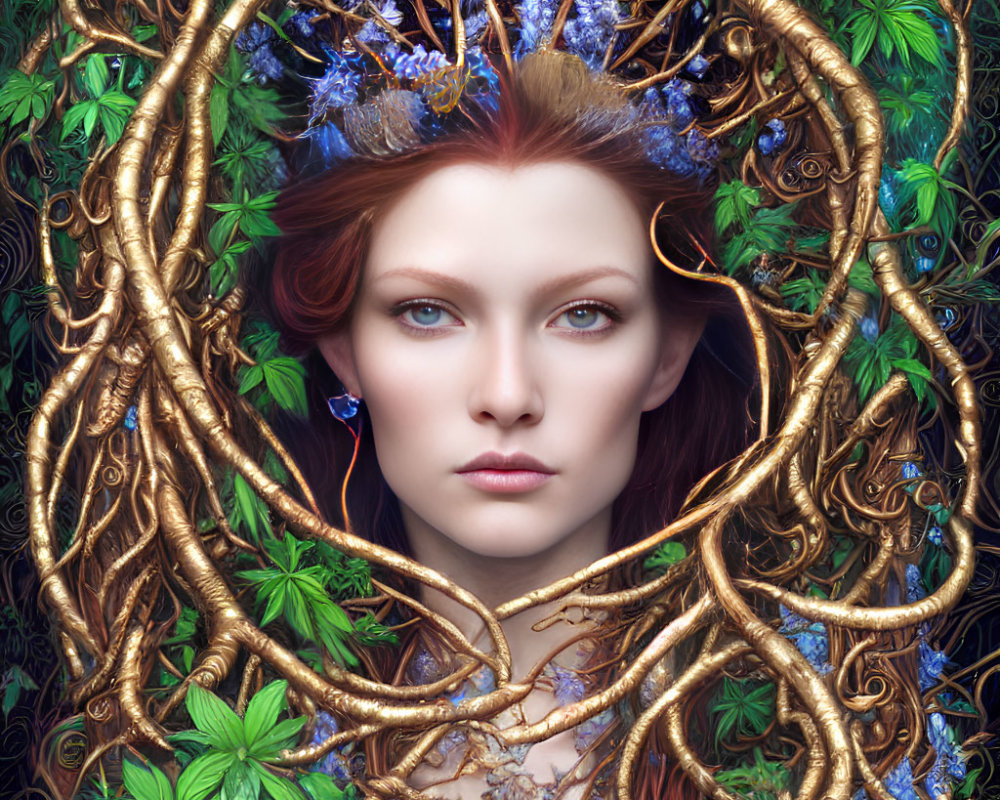 Surreal portrait of a woman with red hair and intricate golden vines, green foliage, and blue