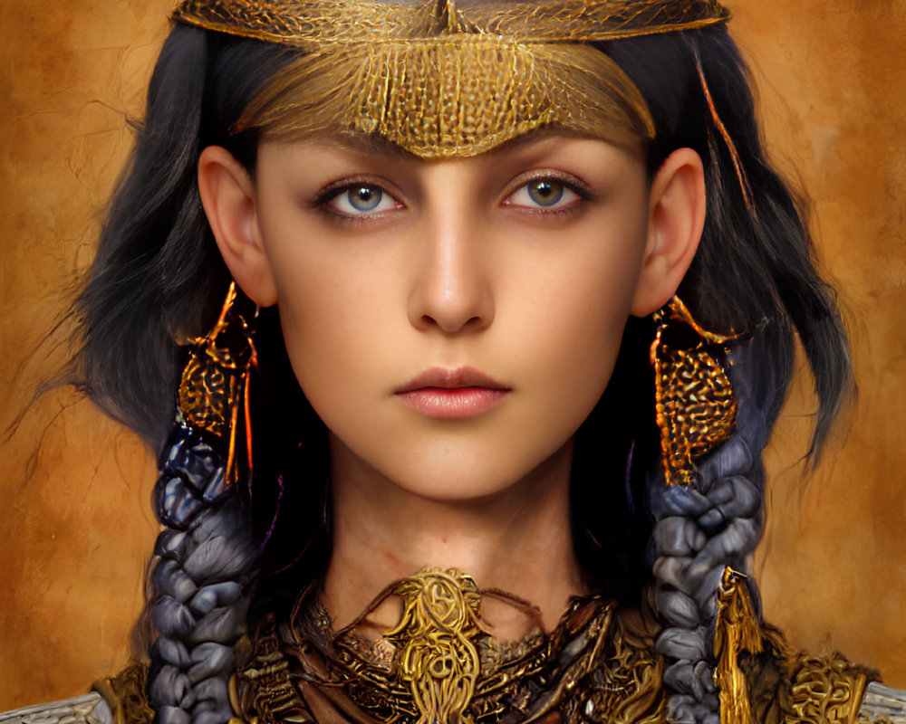 Intricate gold jewelry adorns woman with braided hair and blue eyes