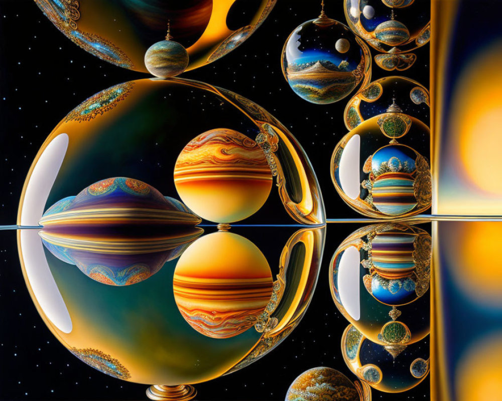 Surreal fractal image: Glossy spheres, intricate patterns, starry space.