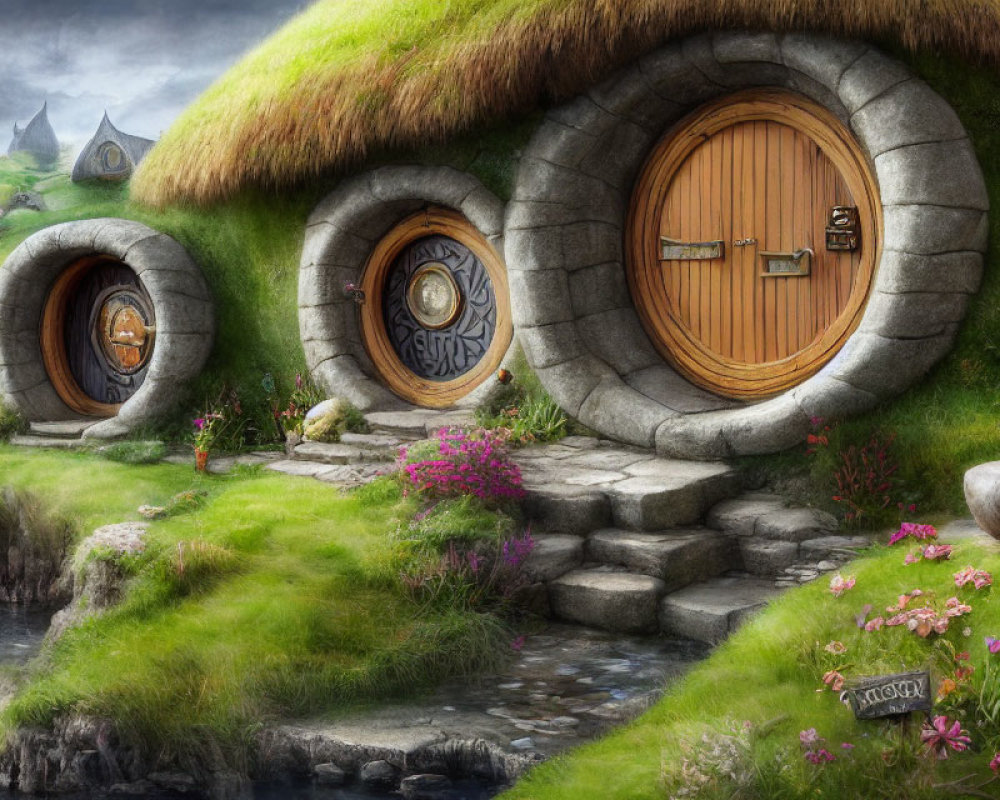 Illustration of Three Cozy Hobbit-Style Houses in Lush Landscape