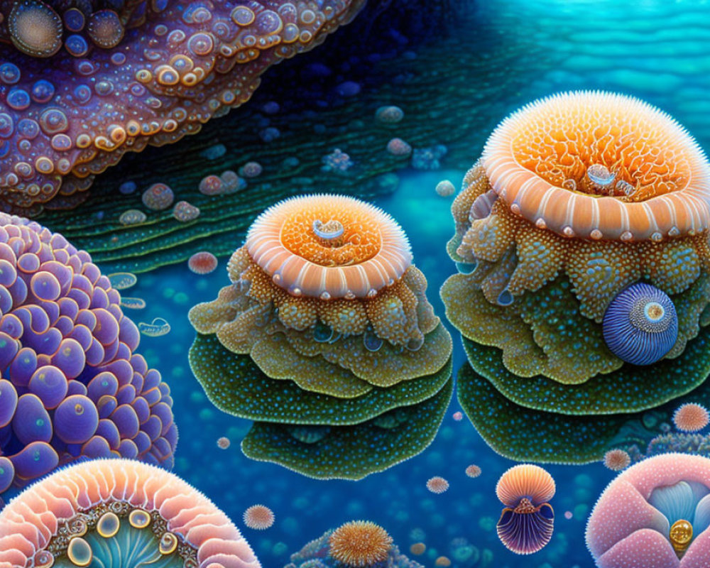 Detailed Illustration of Sea Anemones and Marine Invertebrates in Surreal Underwater Scene