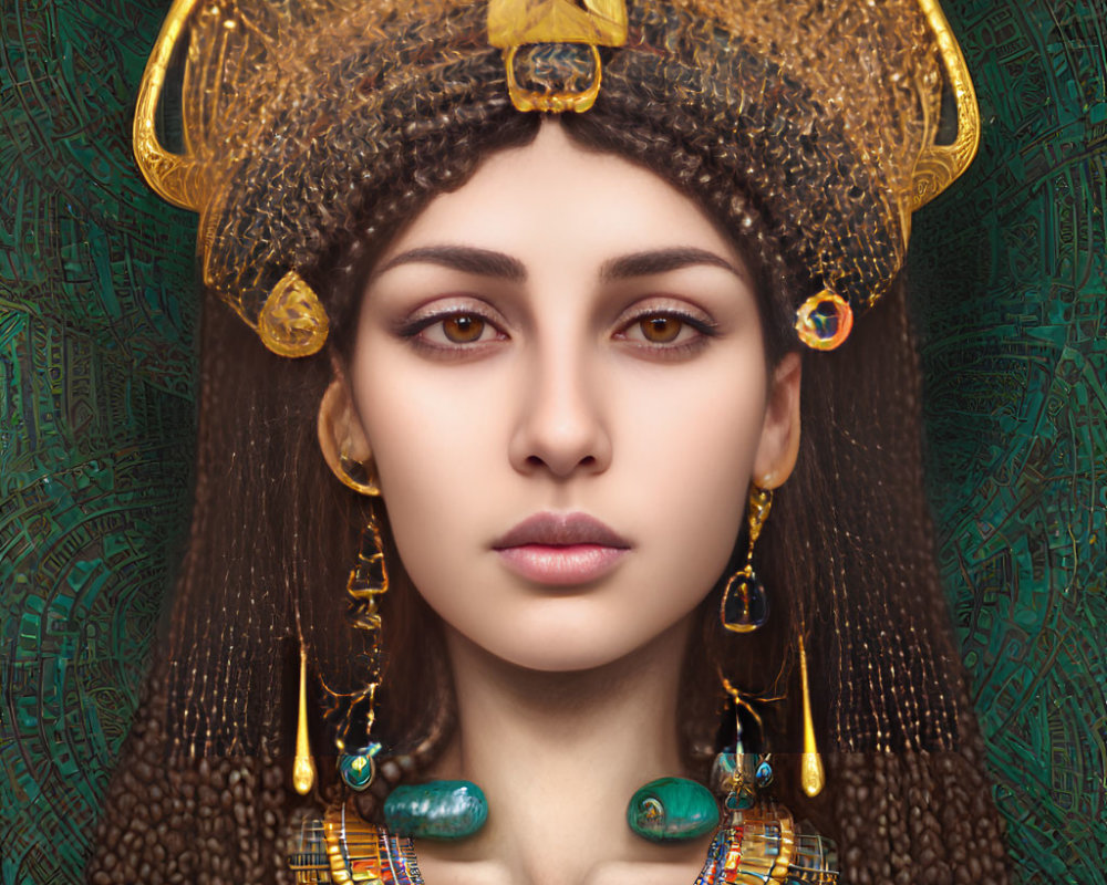 Detailed portrait of a woman as an Egyptian pharaoh with traditional headdress and jewelry