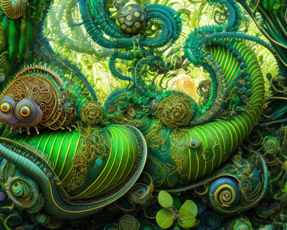 Intricate Green Fractal Art with Metallic Accents