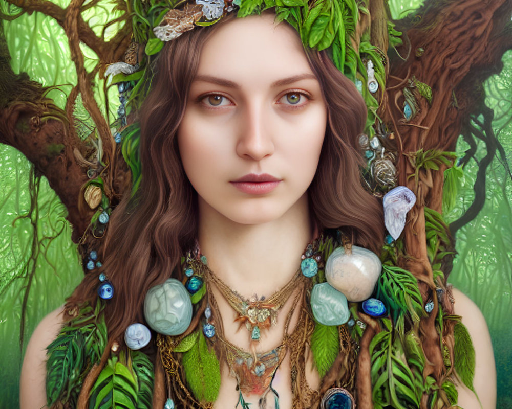 Forest Spirit Woman with Foliage Accessories and Jewel-Encrusted Hair