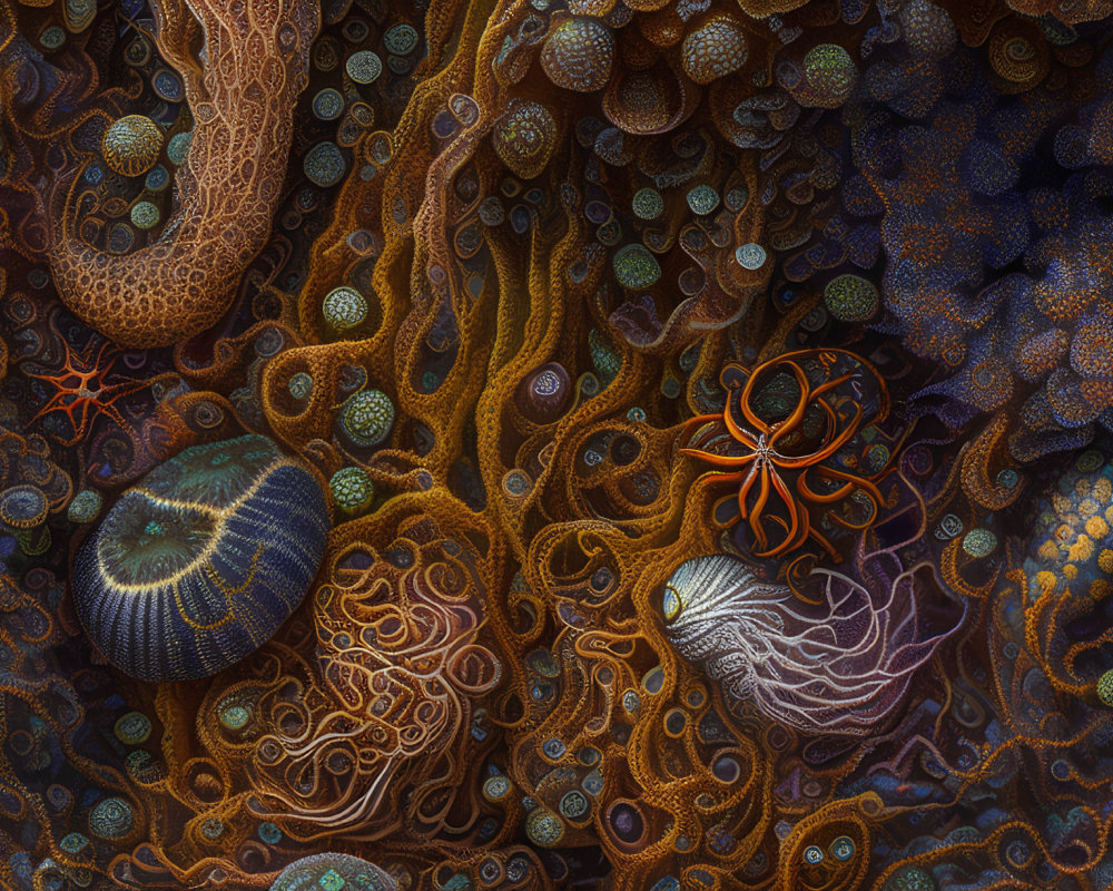 Detailed Fractal-Like Illustration of Fantastical Sea Life and Coral Textures