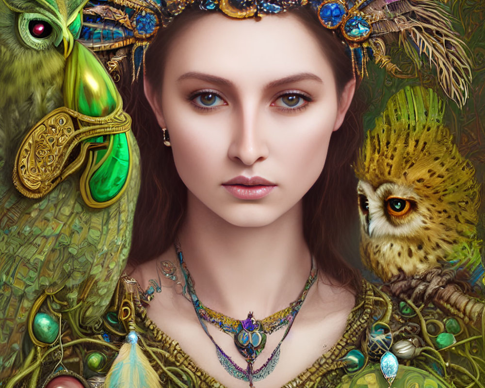 Digital portrait of woman with peacock feather crown and intricate jewelry