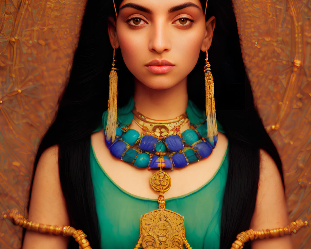 Elaborately detailed ancient Egyptian attire on woman against gold backdrop