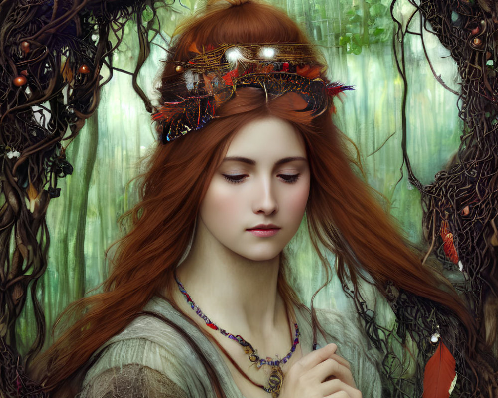 Young woman with red hair in jeweled headpiece in mystical forest setting