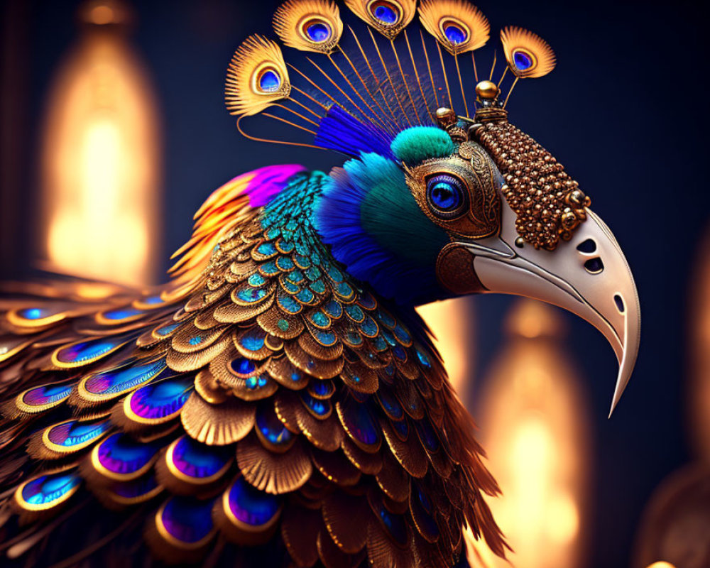 Detailed Digital Artwork: Peacock with Vibrant Plumage and Lantern Background