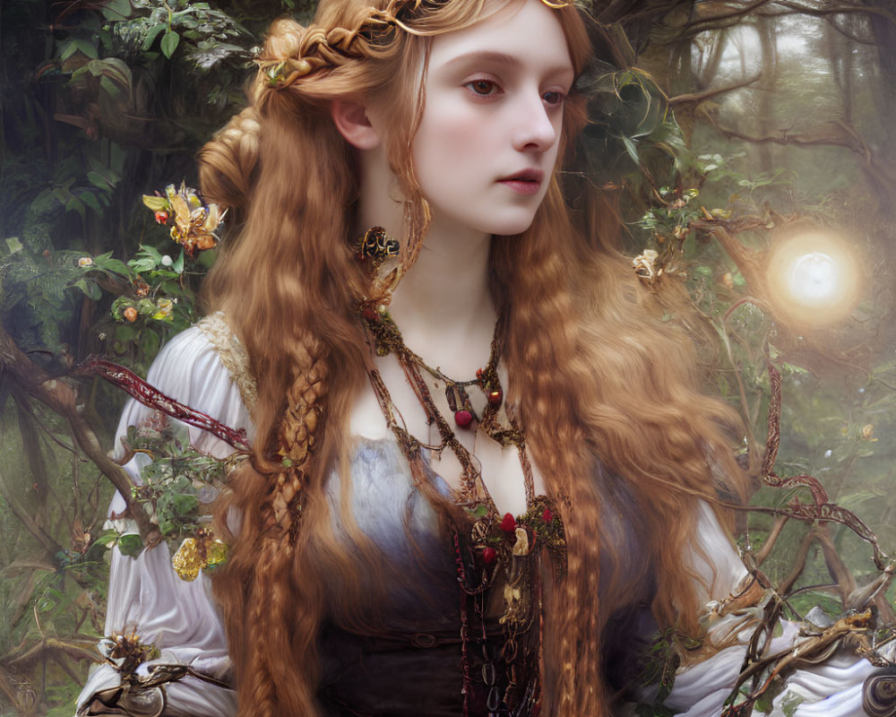 Fantasy portrait of woman with braided hair and headpiece in ethereal forest