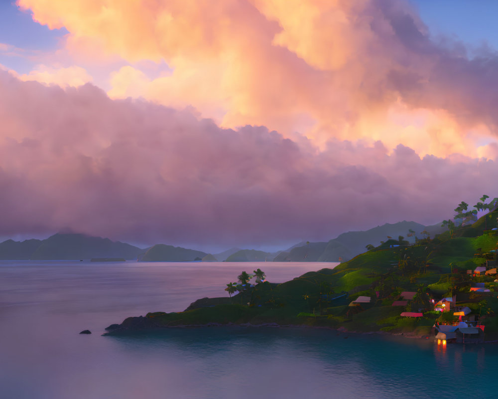 Pink Clouds Over Calm Coastal Scene at Dusk