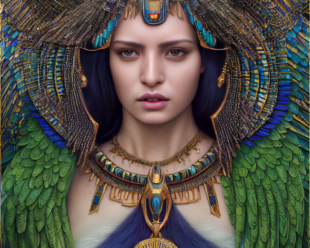 Elaborate Egyptian headdress with feathers and gold jewelry