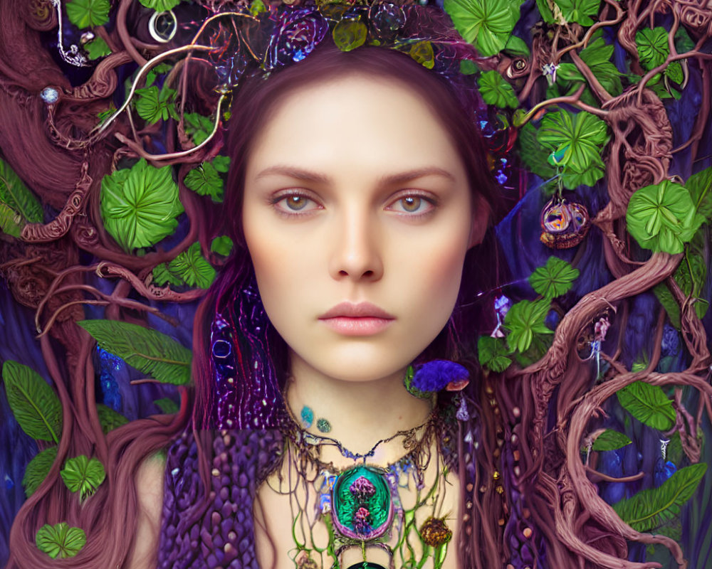 Serene woman with leaf crown in lush green setting