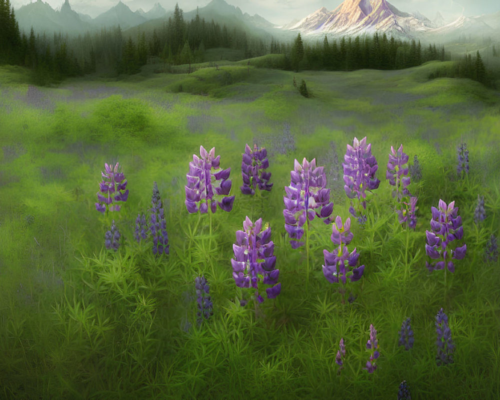 Tranquil Landscape with Lupine Flowers and Misty Mountains