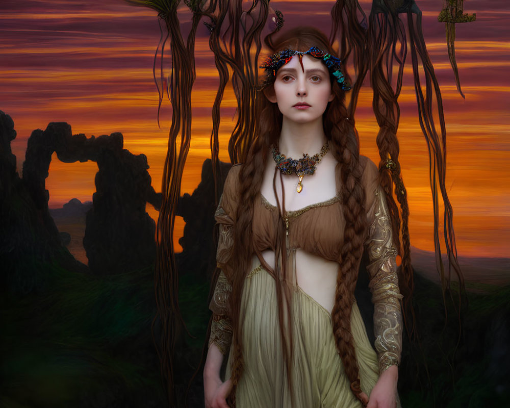 Fantasy-themed woman in elaborate costume at sunset with mystical rock arches