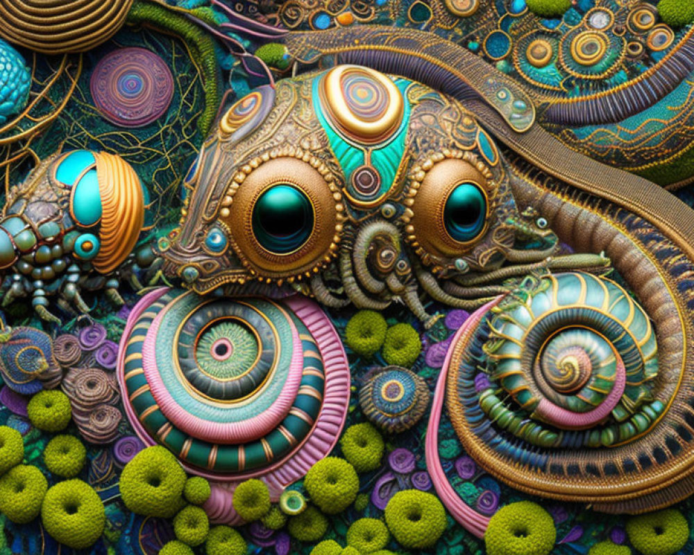 Detailed digital art: Spirals, sea life patterns, rich textures & colors