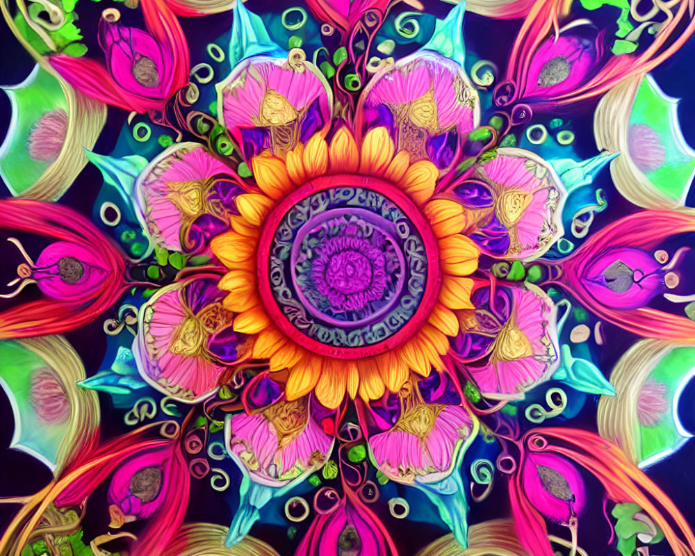 Colorful Floral and Geometric Digital Mandala in Pink, Yellow, Blue, and Green