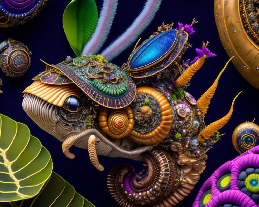 Colorful surreal chameleon artwork with mechanical and organic elements