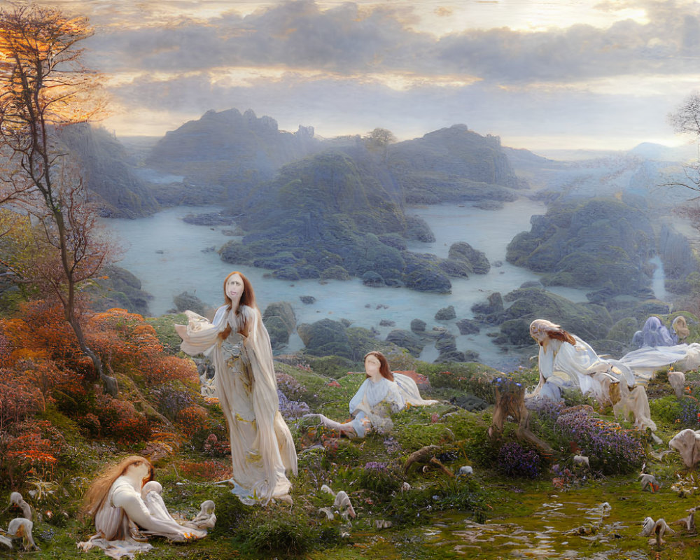 Mystical twilight landscape with ethereal figures and lush greenery