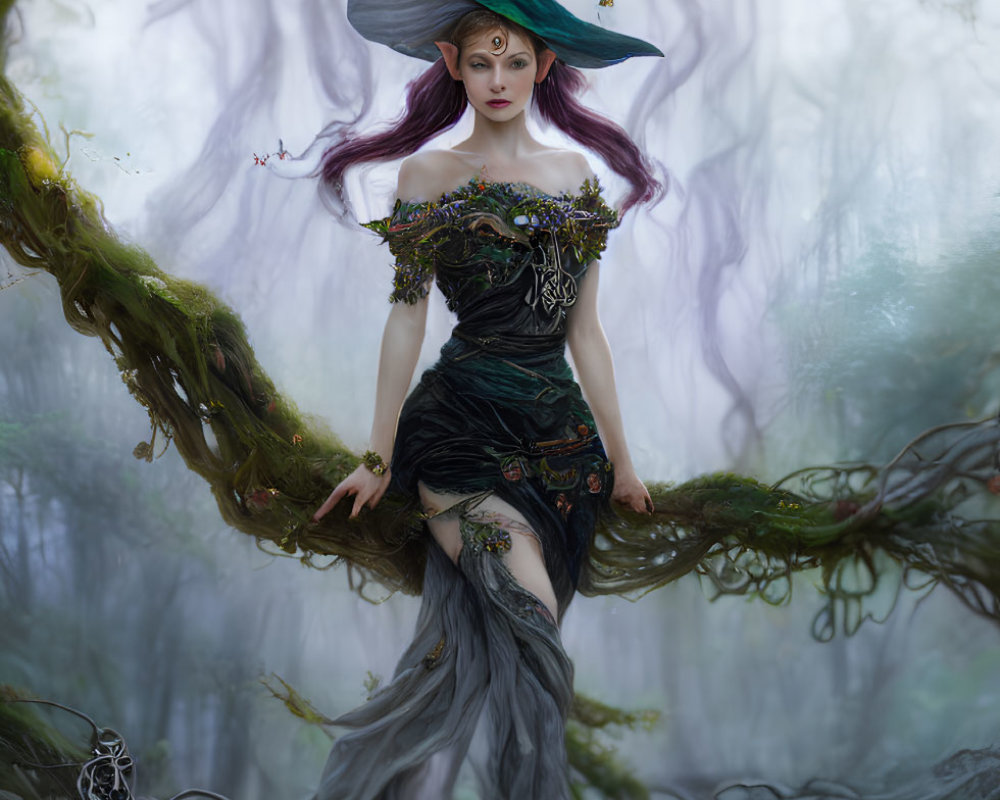 Fantasy female character in dark dress and green hat in mystical forest setting