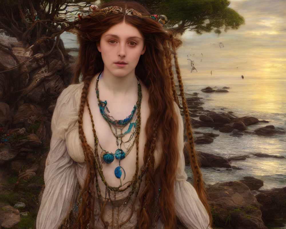 Mystical woman with braided hair and jewelry by serene seascape