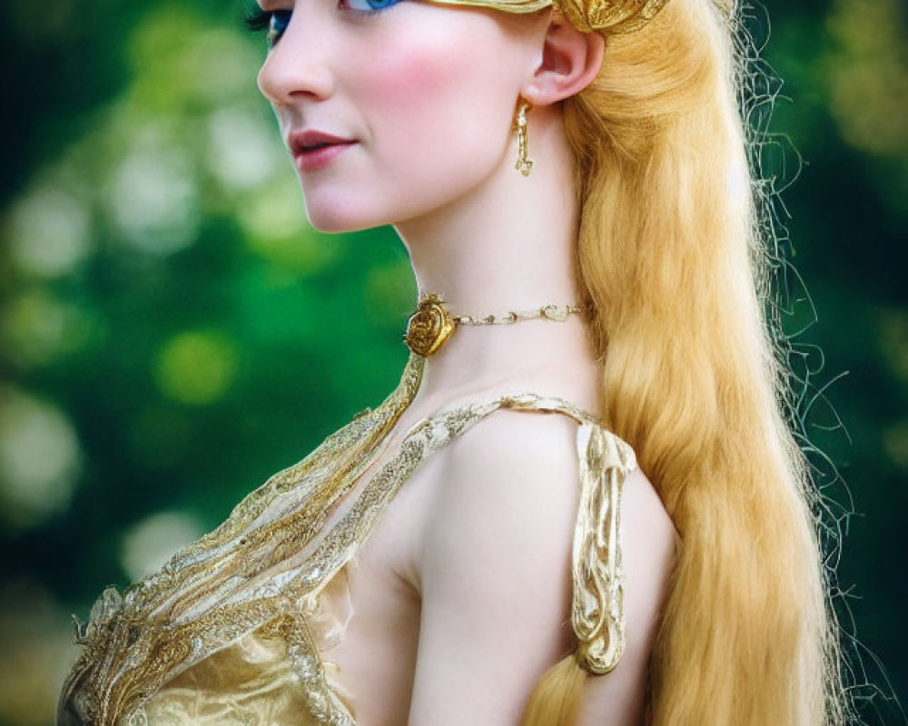 Blonde woman in medieval costume with branch crown on blurred green background