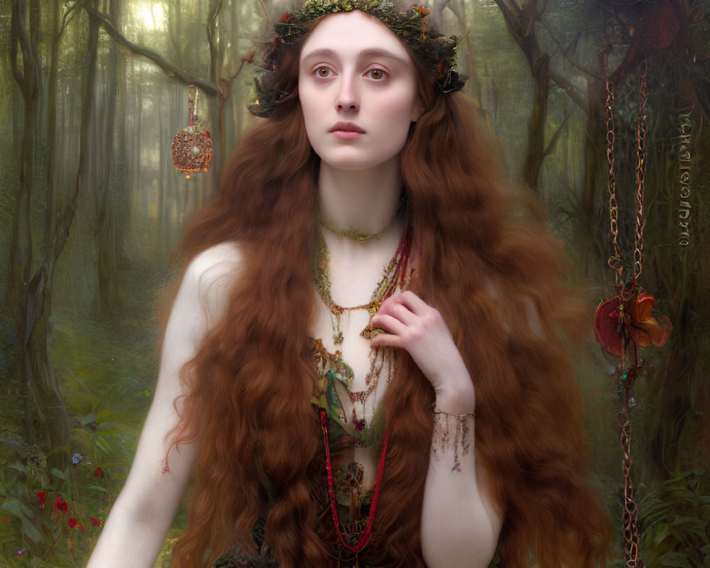 Red-haired woman in forest with leafy crown holding necklace