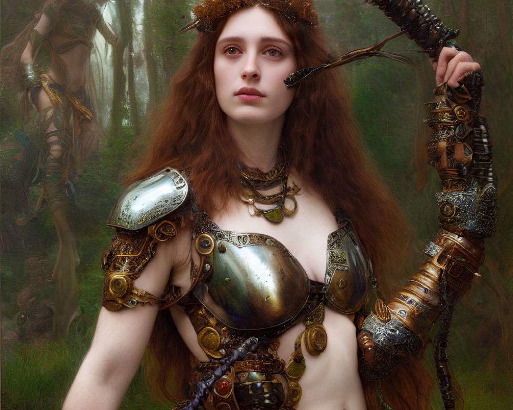 Warrior woman in ornate armor with bow and arrow in misty forest with centaur-like figure