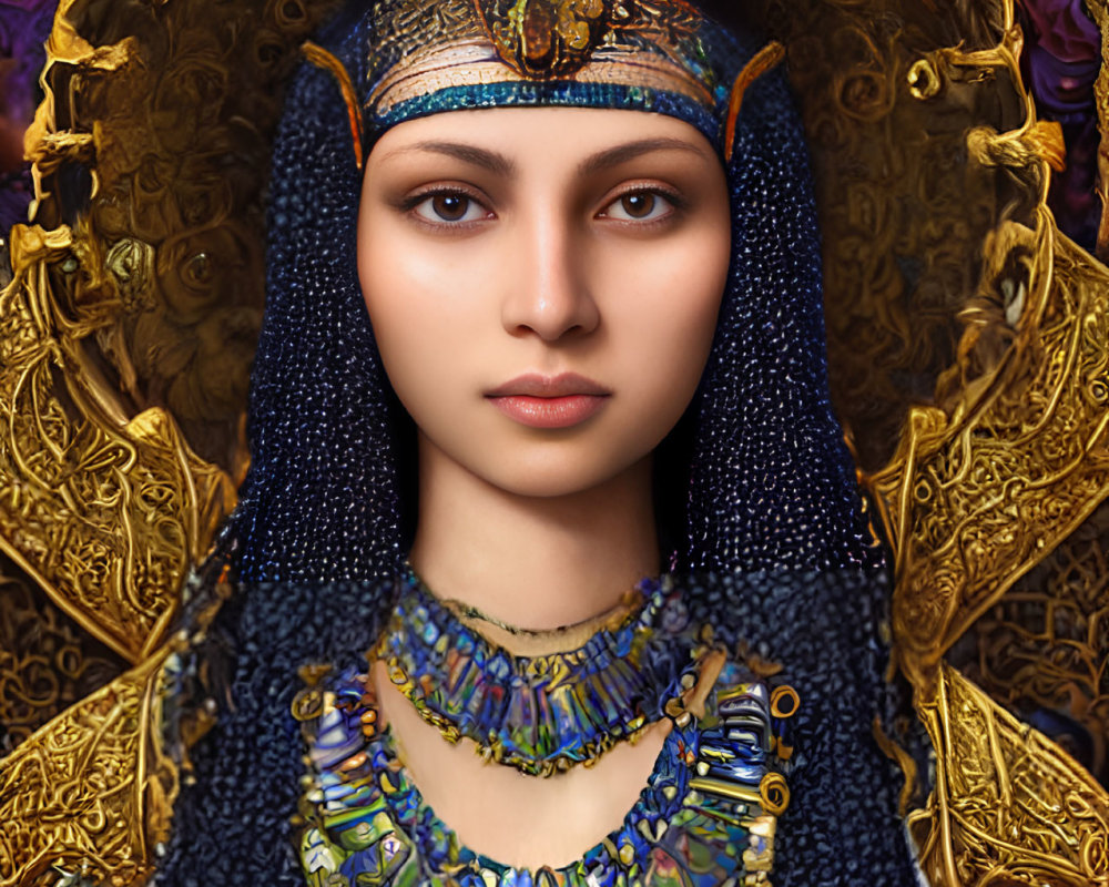 Digital portrait of woman as ancient Egyptian pharaoh with beaded headdress and ornate collar on golden