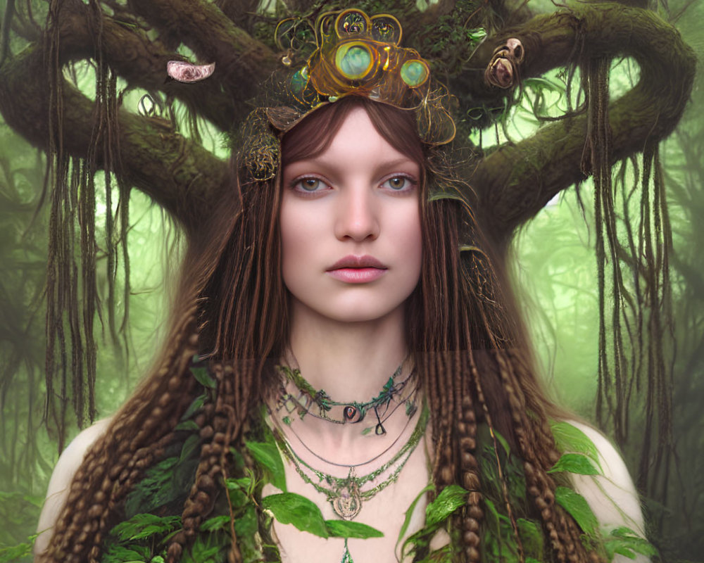 Mystical forest-themed woman with tree-like features and crown.