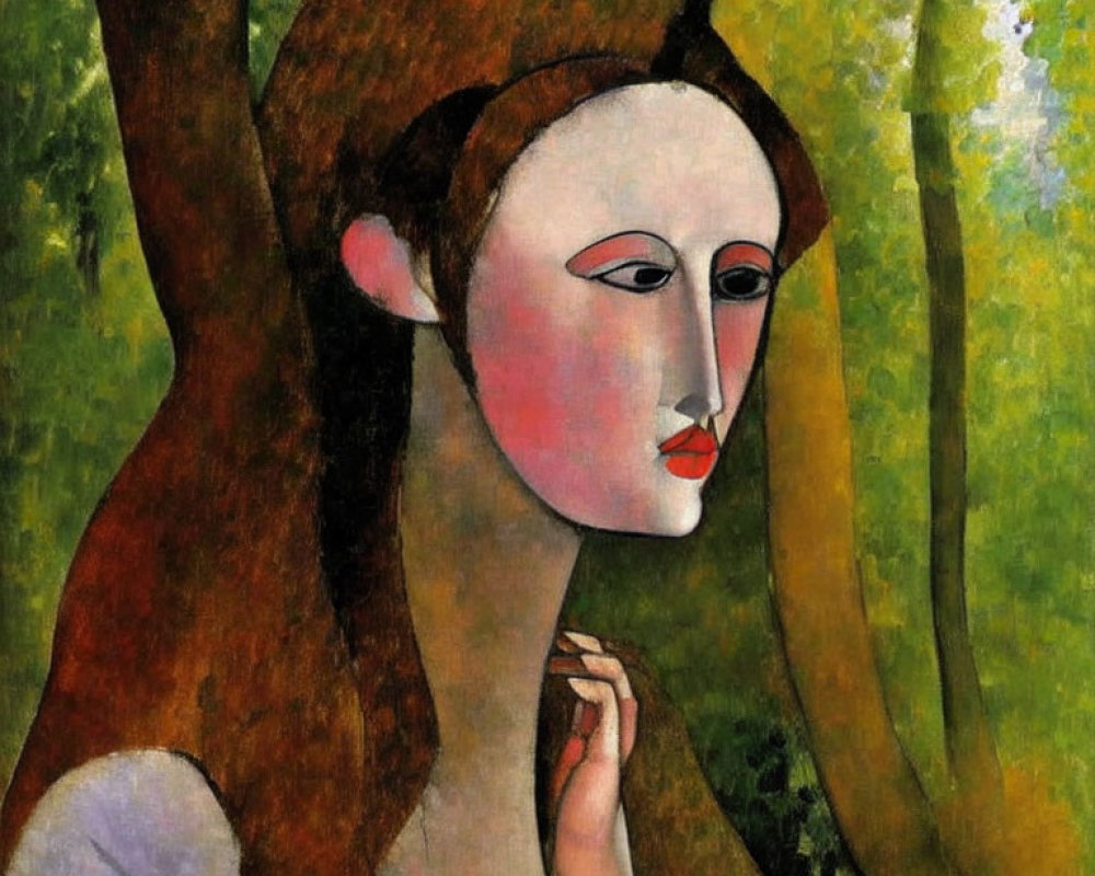 Stylized woman with pale skin and red lips in nature scene