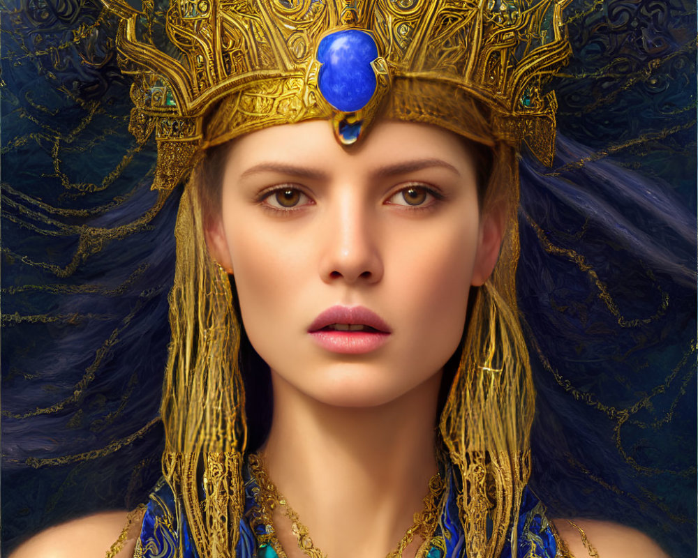 Regal woman with golden crown and blue gemstone gaze confidently