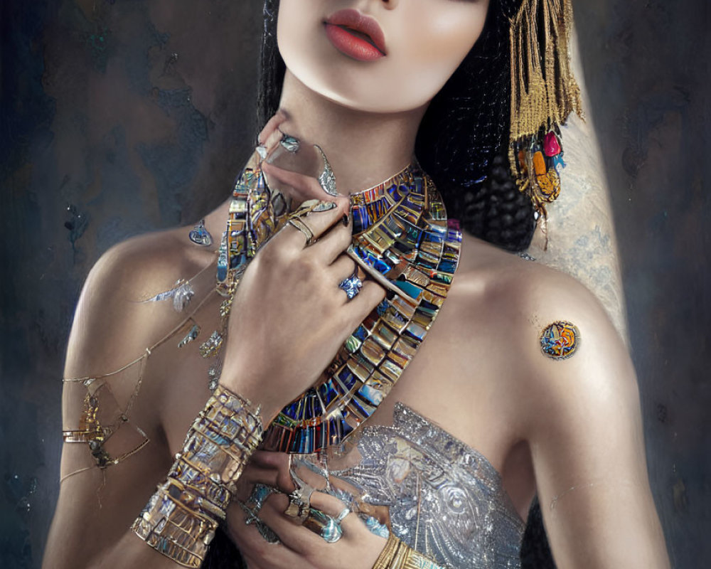 Elegant Egyptian-inspired jewelry on woman with regal pose