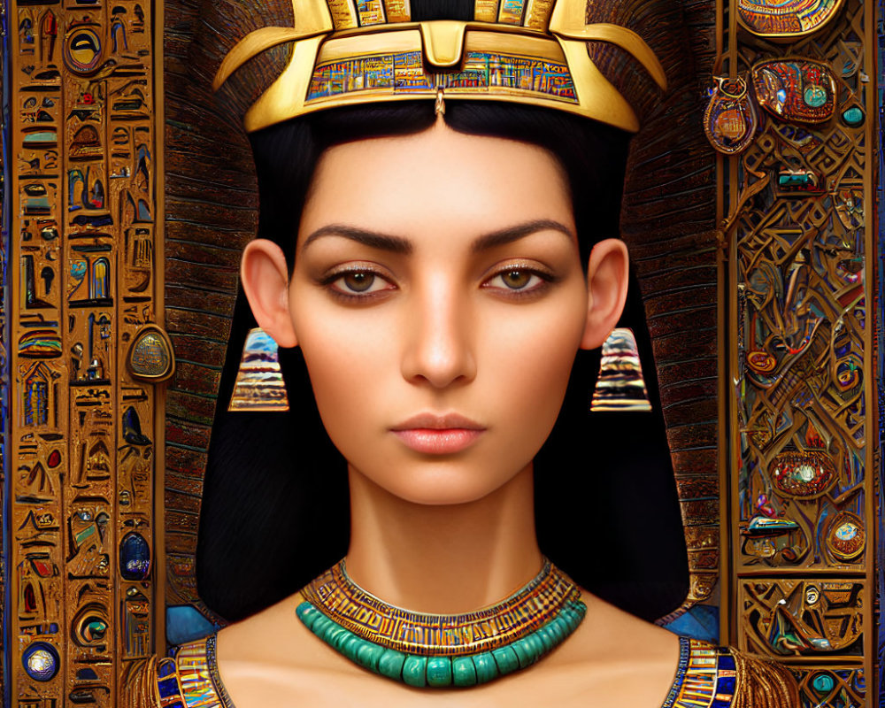 Detailed digital portrait of Egyptian queen with hieroglyphic motifs & ancient jewelry.