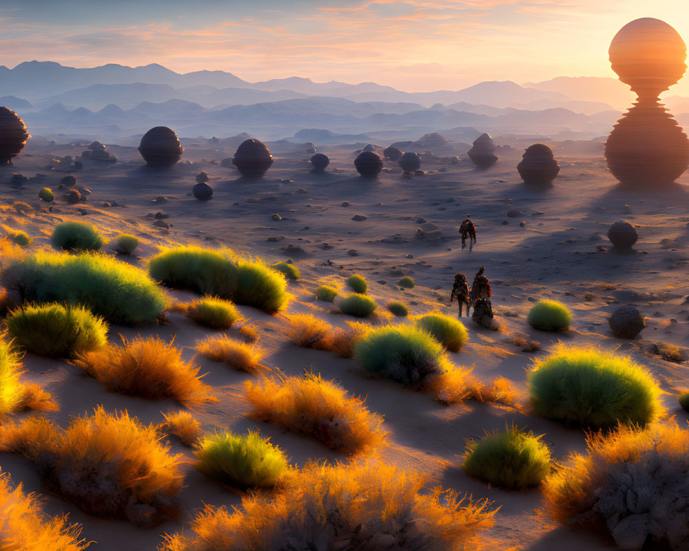 Vibrant desert sunset with orange flora, mysterious orbs, and explorers