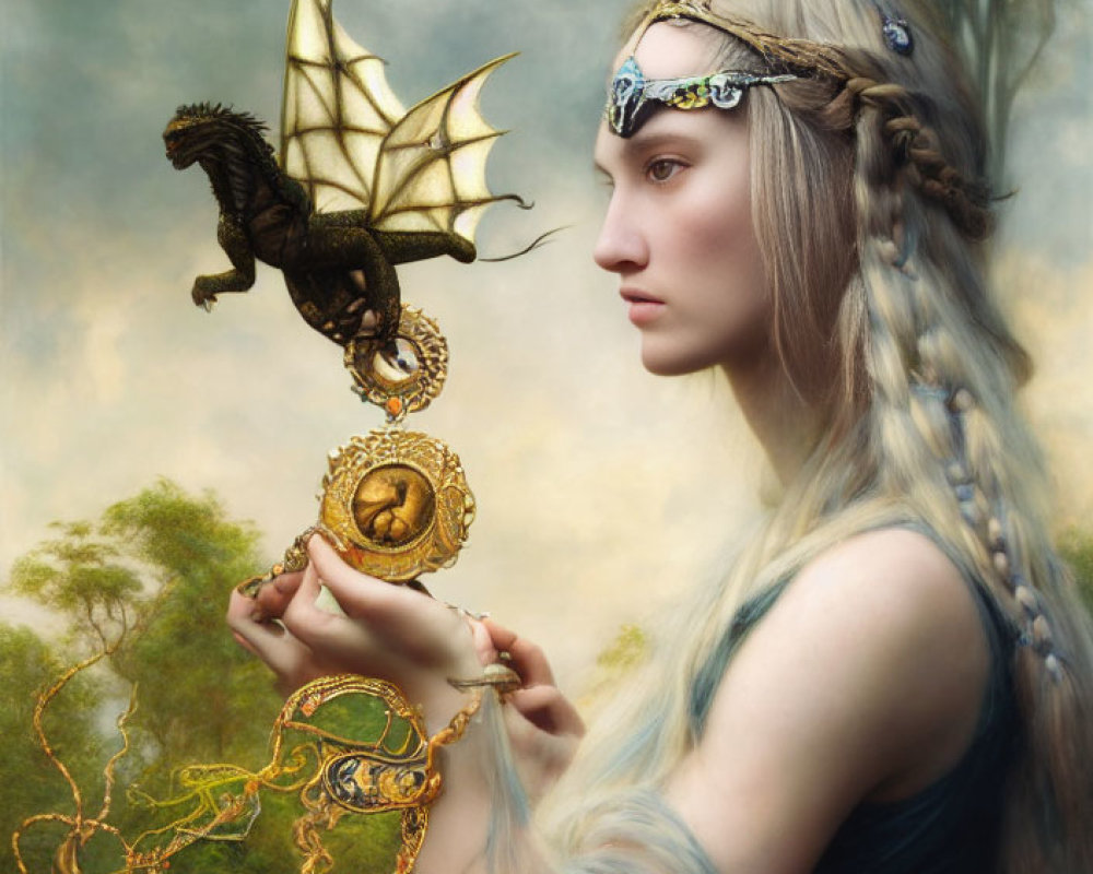 Fantasy portrait of woman with braided hair and circlet holding ornate sphere with dragon on soft