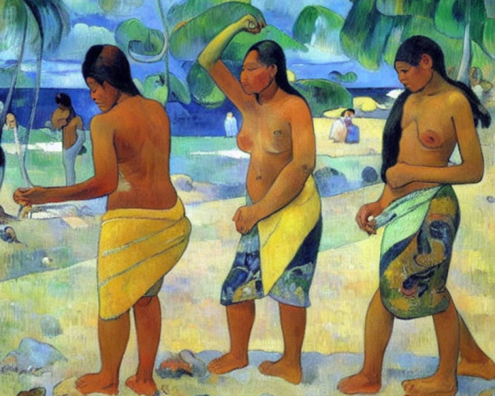 Three women in traditional attire on tropical beach with palm trees - vibrant colors, serene atmosphere