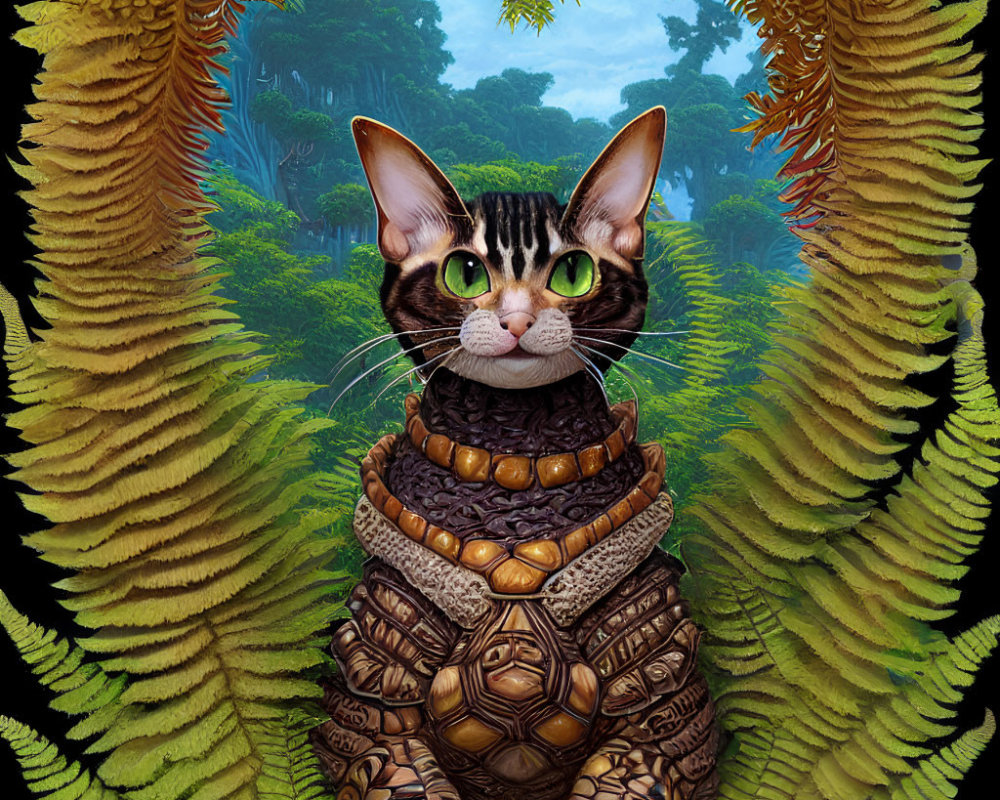 Illustration of cat with green eyes on tortoise body in lush forest