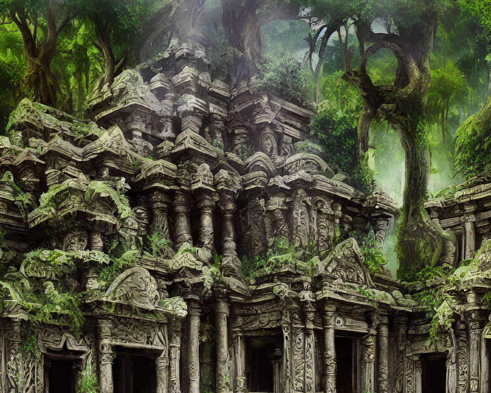 Ancient overgrown temple ruins in lush green forest