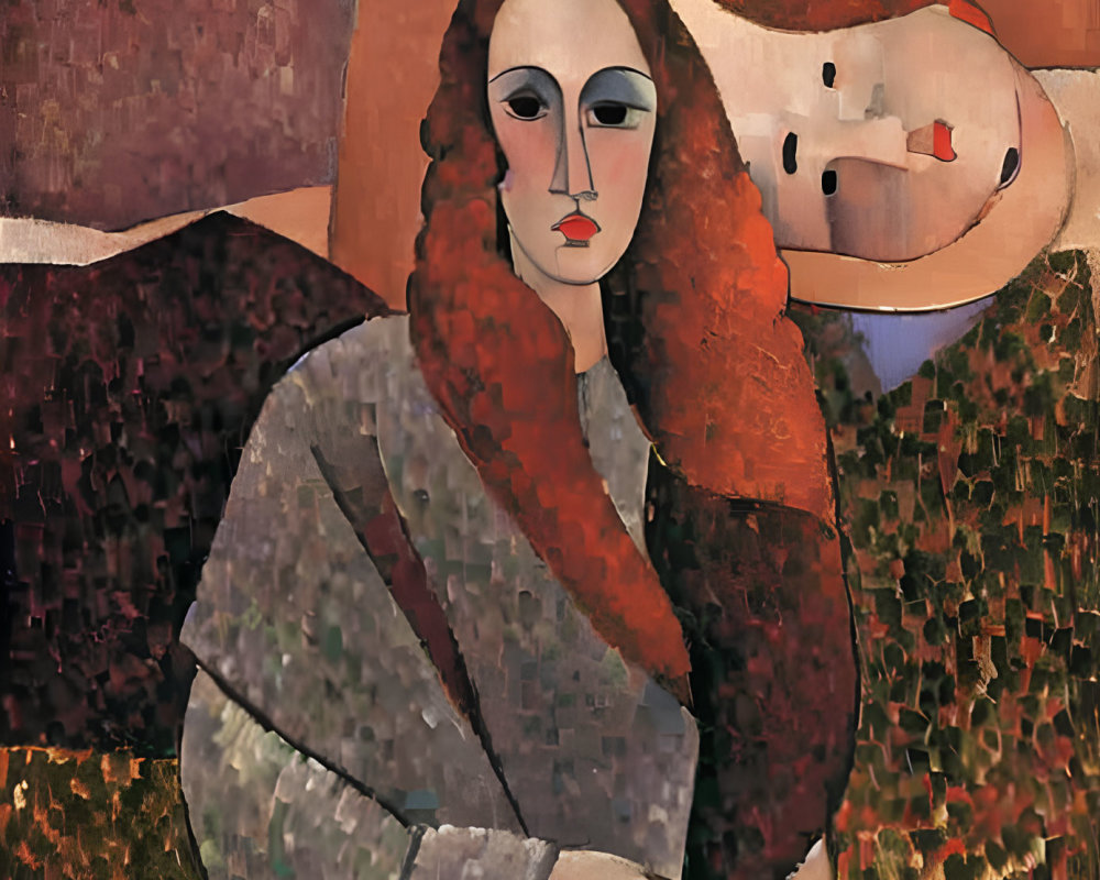 Abstract Cubist Painting of Woman with Red Hair and Patterned Shawl